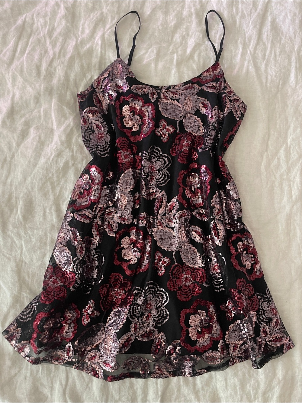 Black Slip Dress with Pink & Burgundy Sequin Floral